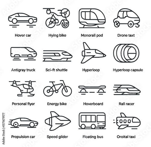Futuristic vehicle collection, advanced transport icons. innovative mobility set