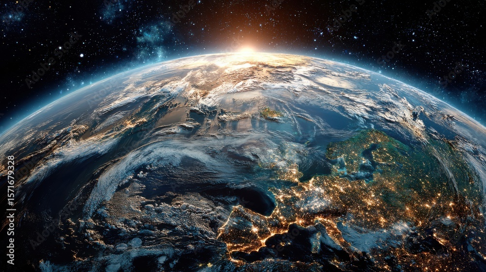 Obraz premium A breathtaking view of Earth from space at sunrise, highlighting illuminated city areas and coastlines across Europe, surrounded by the vastness of space.