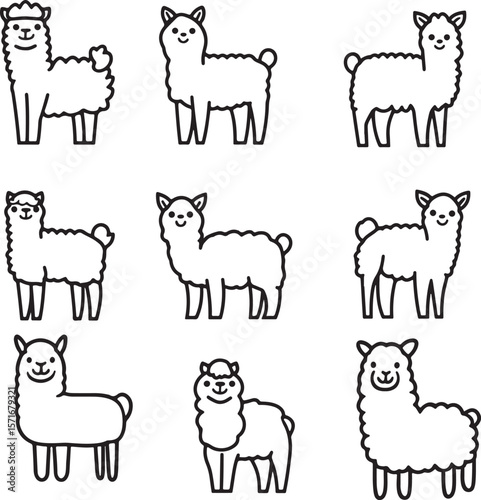   set of hand drawn line art vector of cute alpaca llama