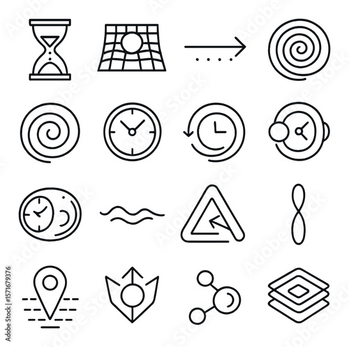 Time and space collection, temporal and cosmic symbols. universe and physics icon set
