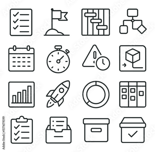 Project management icon collection: task, planning, workflow symbols for productivity
