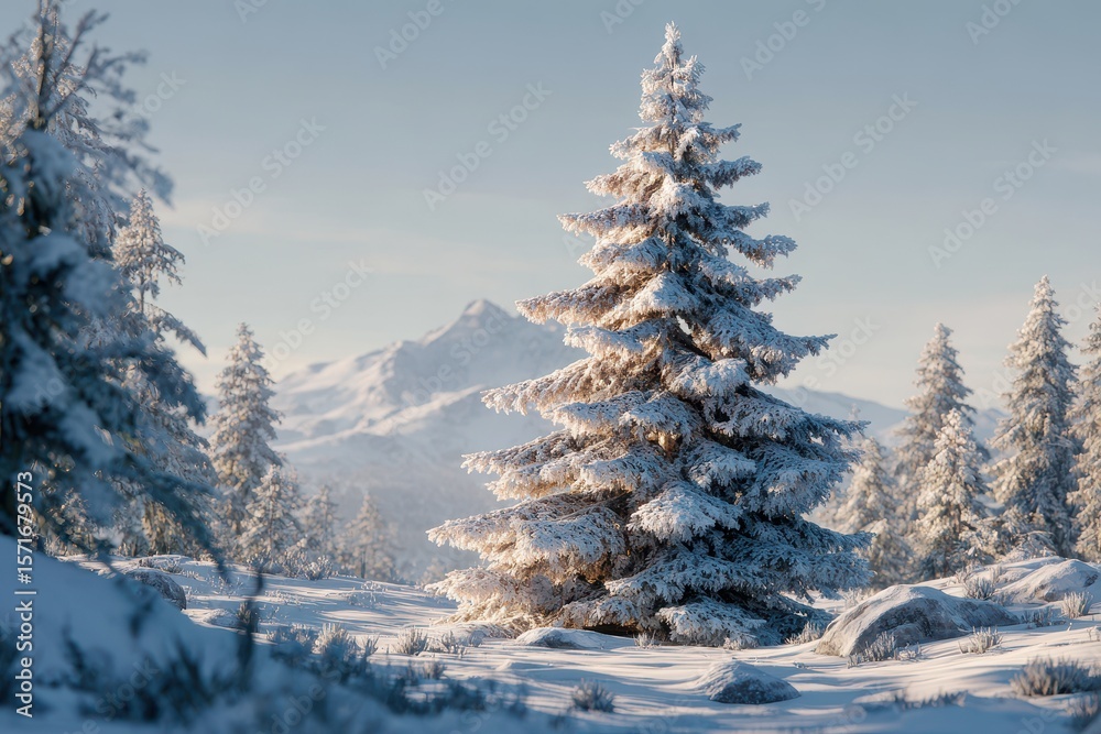 Obraz premium Majestic AI-generated Christmas fir tree surrounded by snowcapped mountains and winter landscape in bright daylight during the holiday season