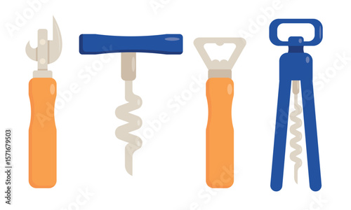Set of kitchen appliances, devices in cartoon style.Vector illustration of kitchen utensils with wooden handles, steel: can opener, corkscrew, potato peeler, wine opener, isolated on white background.