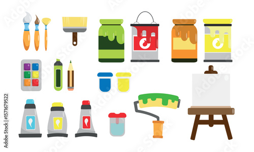Set of art tools in cartoon style. Vector illustration of various creative materials: cans, tubes of paints, brushes, marker, pencil, sharpener, easel with canvas isolated on white background.