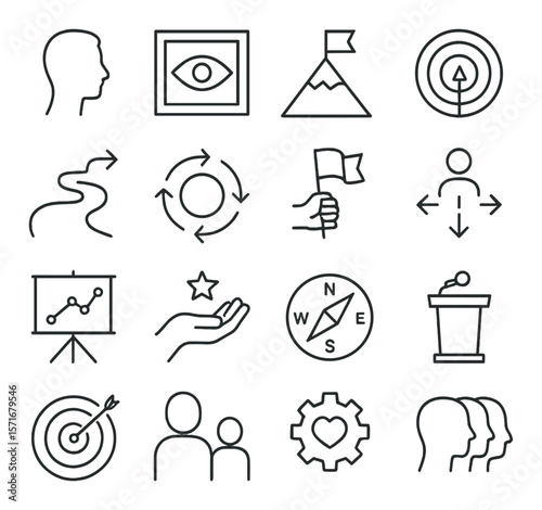 Leadership symbols collection, guidance and direction icons. decision-making and success set