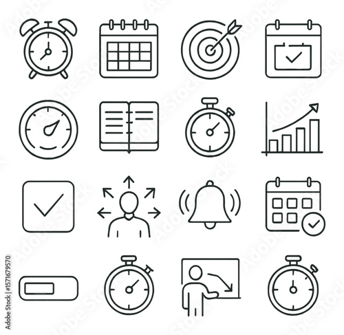 Time management icon collection, efficiency symbols. agenda and productivity set