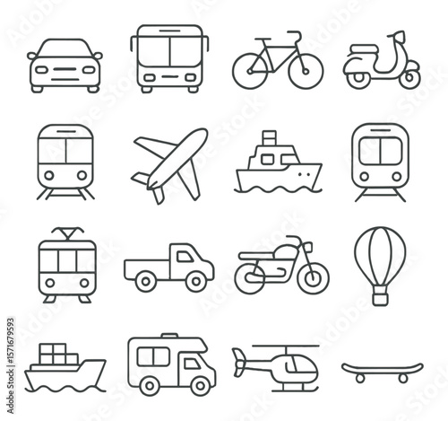 Transportation icons collection: travel and commute symbols, vehicle and transit set