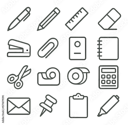 Office supplies icon collection, essential work tools. stationery and desktop essentials set