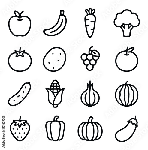 Fruits and vegetables icon collection, produce graphics. food and nutrition design set
