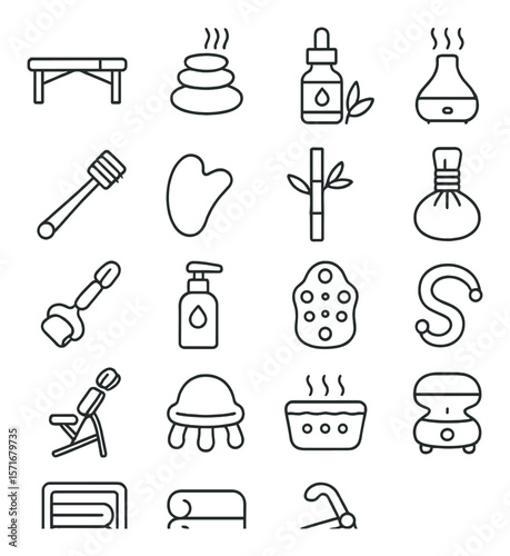 Massage therapy tools collection, spa and relaxation icons. wellness and health symbols