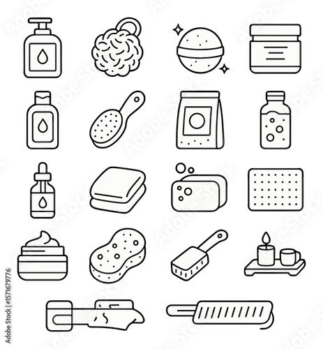Bath essentials icon collection, bathroom accessories set. spa and self-care symbols