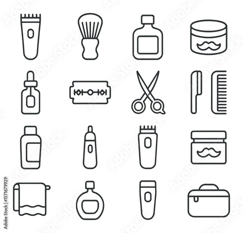 Men's grooming essentials collection, men's care set. barber and hygiene icons
