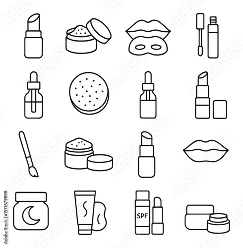 Lip care collection, beauty and skincare icons. balm, gloss, and spf essentials set