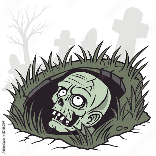 A creepy cartoon zombie head emerges from a freshly dug grave surrounded by grass and silhouetted tombstones on a white background