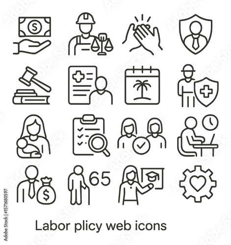 Labor policy collection, employment symbols set. workforce and labor law icons pack