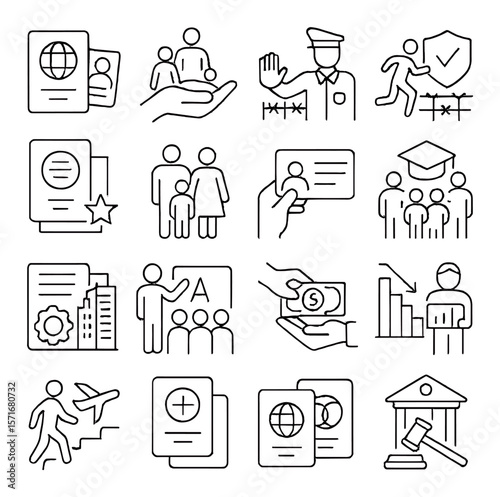 Migration policy collection, immigration and citizenship symbols. visa and border control icons