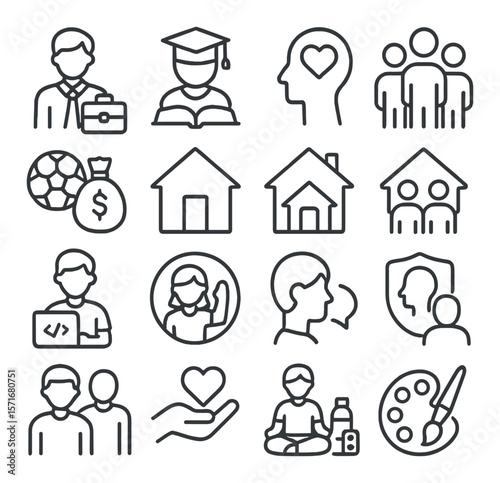 Youth support collection, teen assistance symbols. empowering icons for development