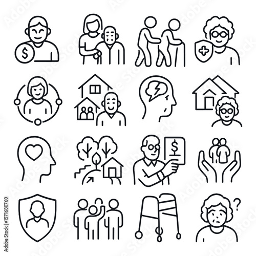 Elderly care collection, senior policy symbols. aging and support theme set