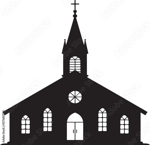 Traditional church building with steeple and cross silhouette