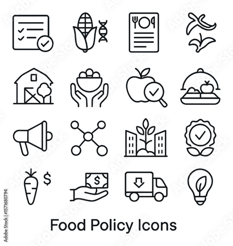 Food policy icon collection, sustainable diet symbols. agriculture and nutrition set