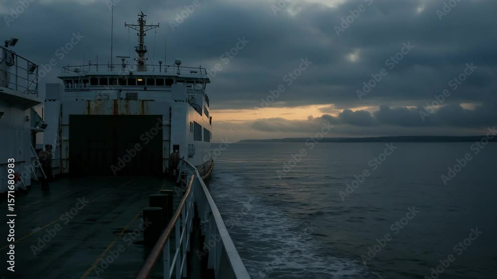 Ferry sailing across the open sea during evening twilight with soft waves and a serene horizon view Ferry sailing across the open sea during evening twilight with soft waves and a serene horizon view