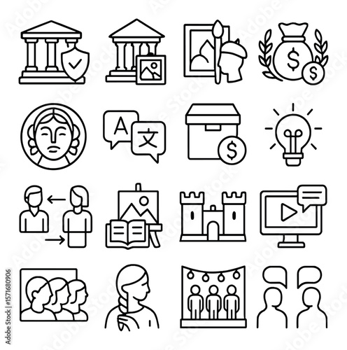 Cultural policy icons collection, heritage and tradition symbols set for diverse projects