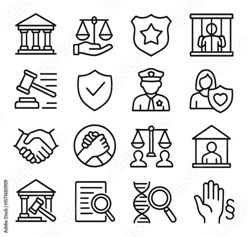 Justice system icon collection, legal and judicial symbols. law enforcement design set