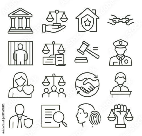 Justice policy collection, legal system symbols. law enforcement and rights icons set