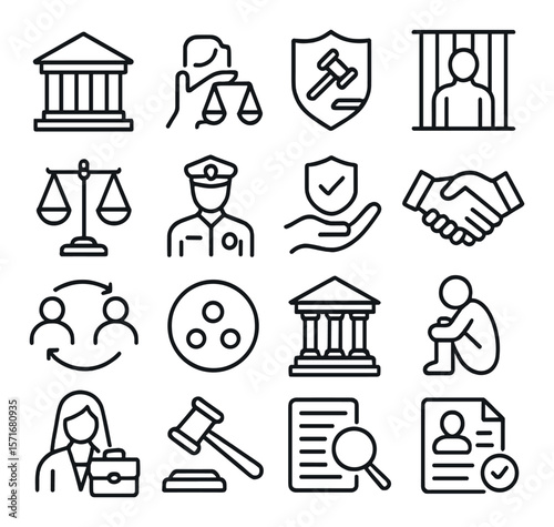 Legal system collection, justice and law icons. court and attorney symbol set