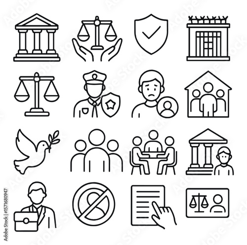 Justice policy collection, legal system icons. law and governance symbol set