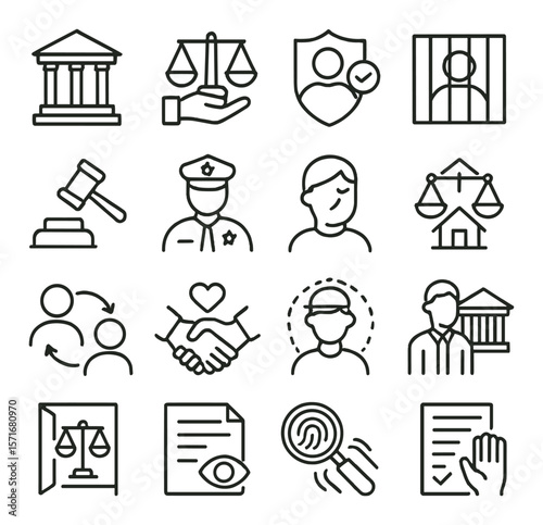 Justice and policy icon collection, legal and law enforcement symbols set