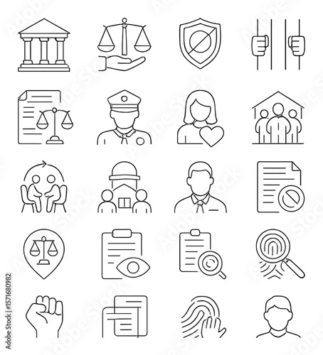 Justice and legal collection, law enforcement symbols. court, protection, and rights set