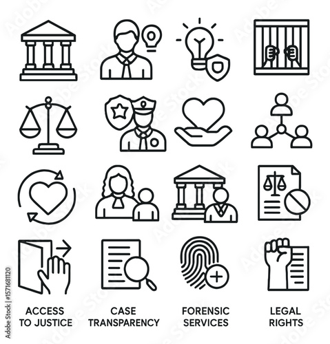 Justice icon collection, legal symbols set. court, law, and order graphic designs