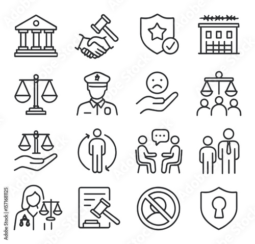 Justice and legal icon collection, law symbols. court, attorney, judiciary design set
