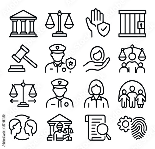 Justice theme icon collection, legal law symbols. court and judicial elements set