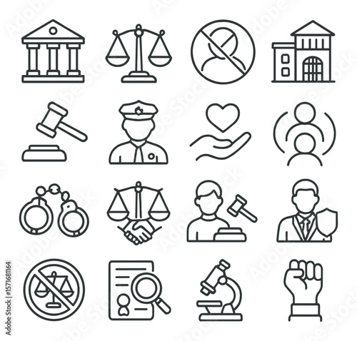 Justice policy collection, legal and law symbols. advocacy and judicial system icons
