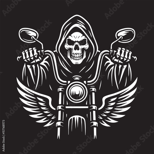 Grim Reaper Riding Motorcycle with Wings Black and White Vector Illustration Graphic