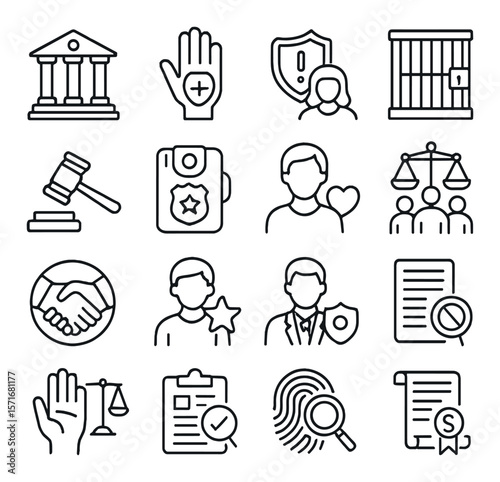 Justice system icon collection: legal design symbols. law and order graphics set