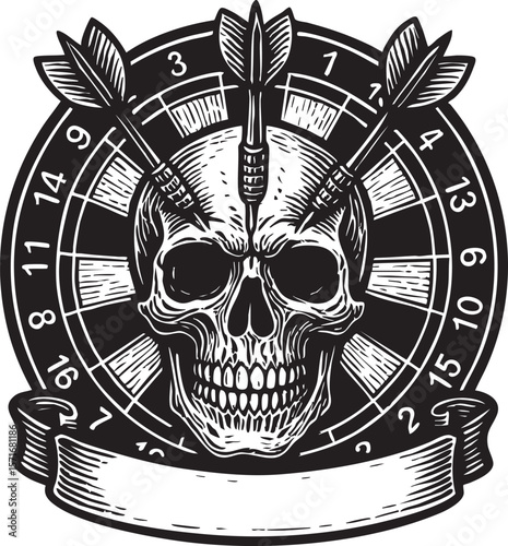 Dartboard Skull with Darts and Banner Black and White Engraving Style Illustration for Print