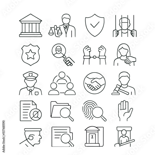 Justice policy collection, legal and law icons. court and defense symbol set