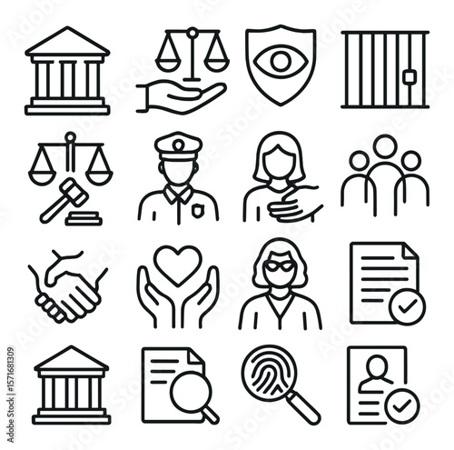 Justice system collection, legal and courtroom icons. law, order, and rights symbols set