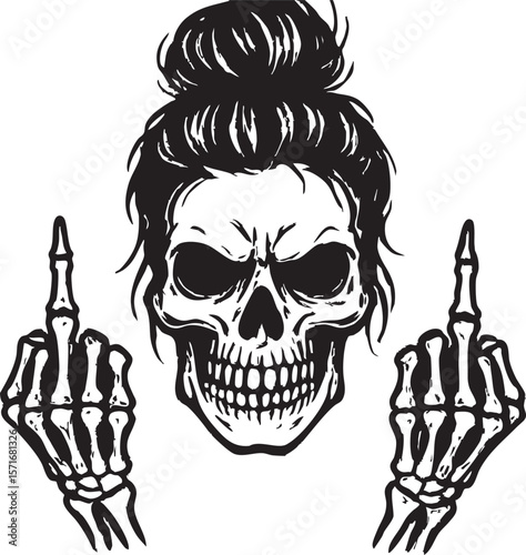 Messy Bun Skull with Middle Fingers Illustration in Black and White for Graphic Design