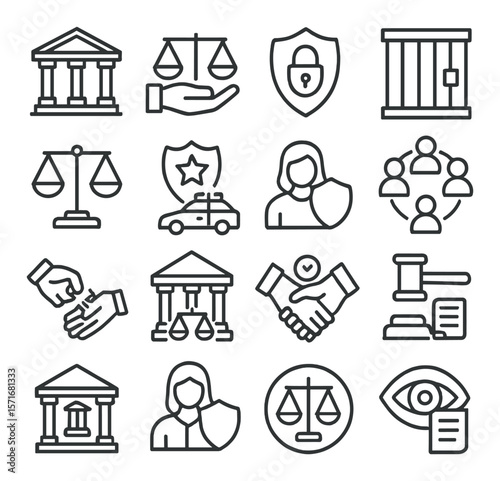 Justice and law collection, legal system icons. court, crime, and governance symbols set