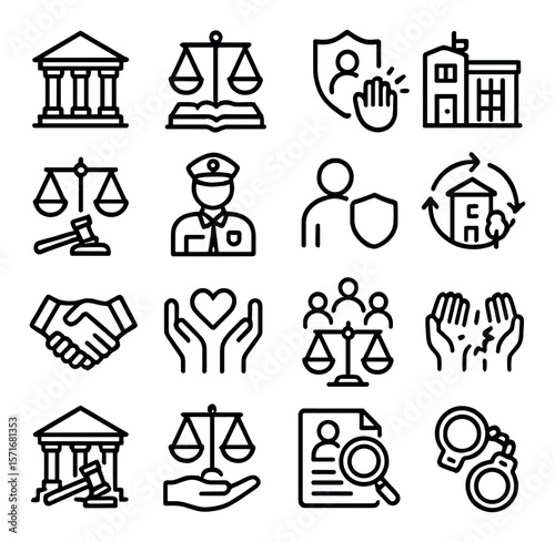 Justice and law collection, legal symbols, and court icons. judicial and police set