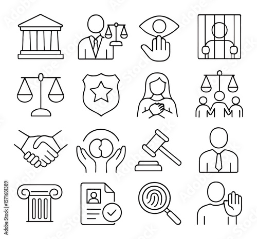 Justice and law collection, legal icons set. court, attorney, and judiciary design elements