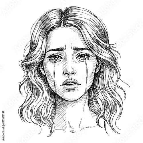 Crying young woman with wavy hair expressing deep sorrow on white background
