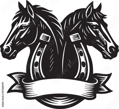Black and White Horse Heads with Horseshoes and Ribbon Banner Graphic Illustration