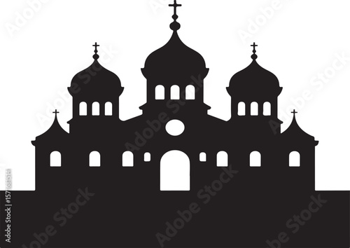 Orthodox church building with multiple domes and crosses silhouette