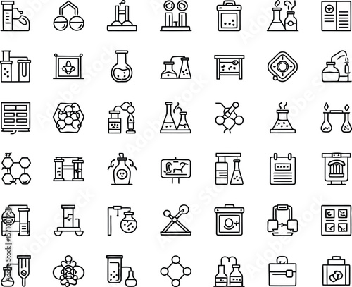 Chemistry Lab Equipment Icons: A comprehensive collection of line icons depicting various chemistry lab equipment, perfect for educational resources, websites, or presentations.  