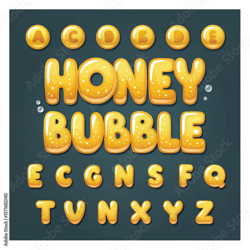 Glossy honey bubble font. Inflated alphabet, 3D yellow balloon letters and numbers. Vector set
